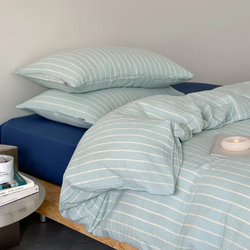 Mint Stripe Cotton Bedding Set - WhisperLinens