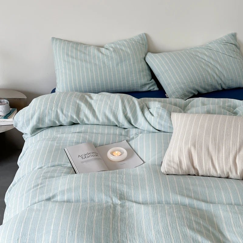 Mint Stripe Cotton Bedding Set - WhisperLinens