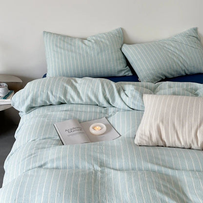 Mint Stripe Cotton Bedding Set - WhisperLinens