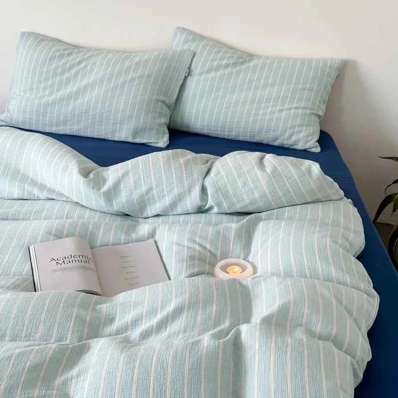 Mint Stripe Cotton Bedding Set - WhisperLinens