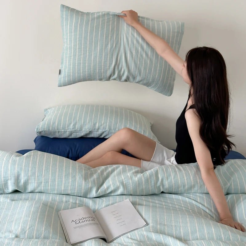 Mint Stripe Cotton Bedding Set - WhisperLinens