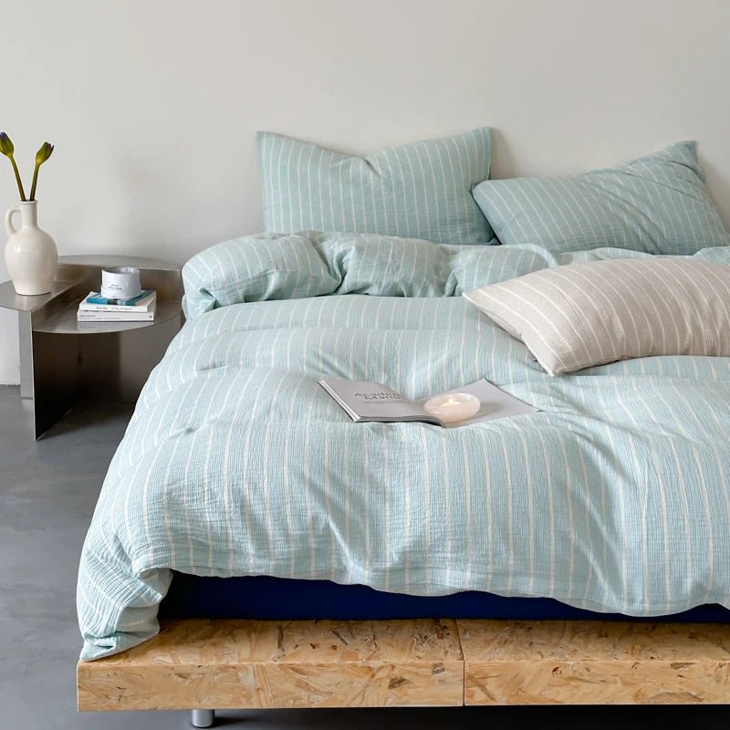 Mint Stripe Cotton Bedding Set - WhisperLinens