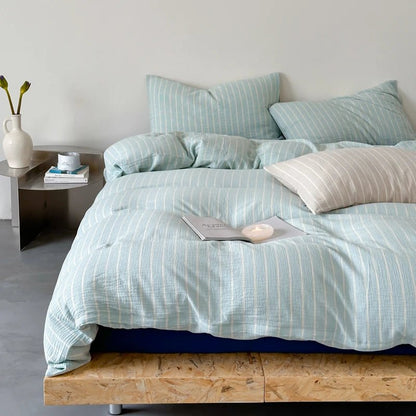 Mint Stripe Cotton Bedding Set - WhisperLinens