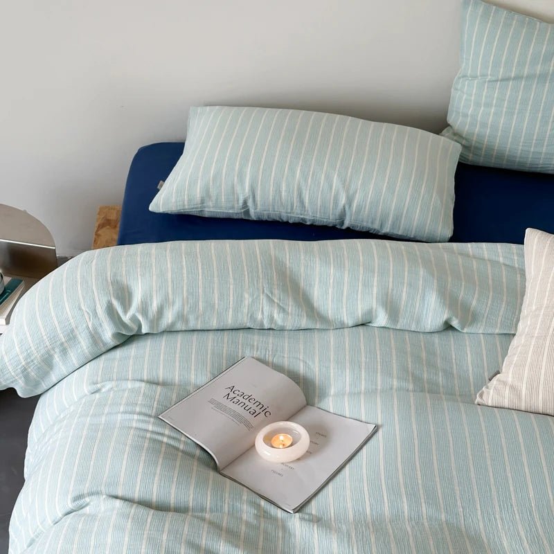 Mint Stripe Cotton Bedding Set - WhisperLinens