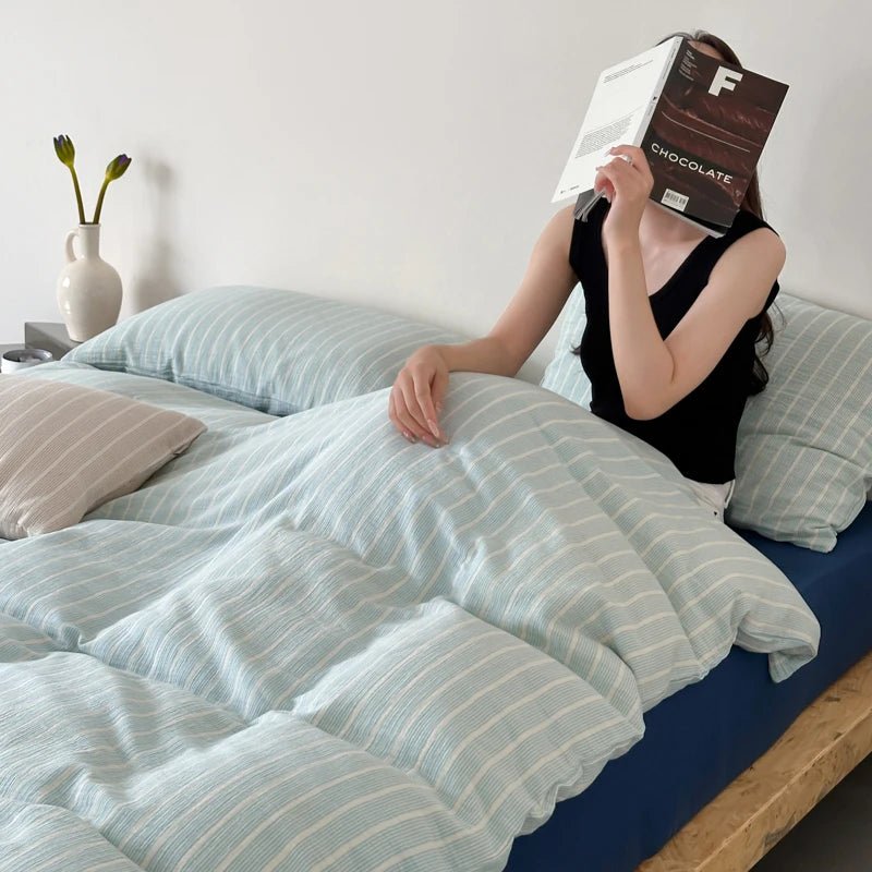 Mint Stripe Cotton Bedding Set - WhisperLinens