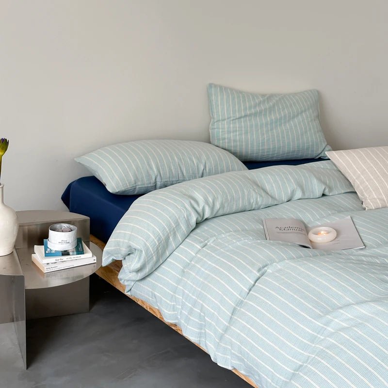 Mint Stripe Cotton Bedding Set - WhisperLinens