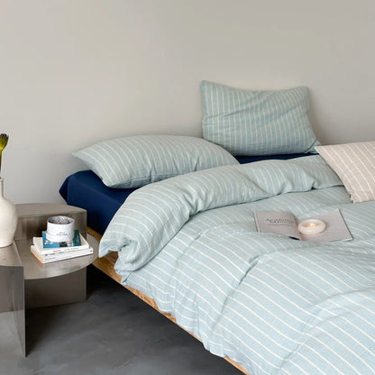 Mint Stripe Cotton Bedding Set - WhisperLinens