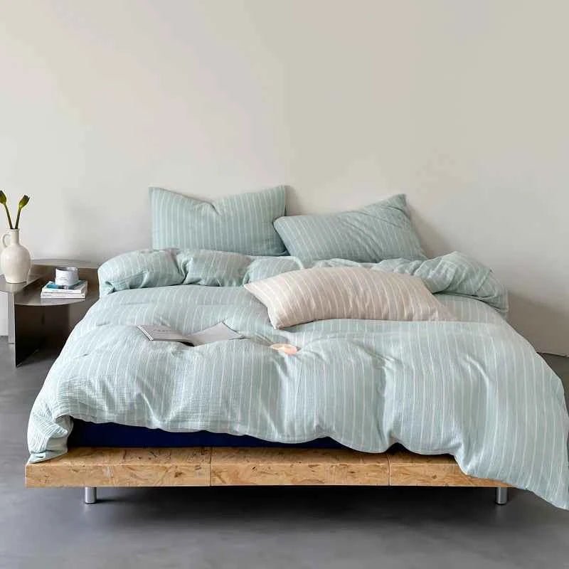 Mint Stripe Cotton Bedding Set - WhisperLinens