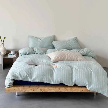 Mint Stripe Cotton Bedding Set - WhisperLinens