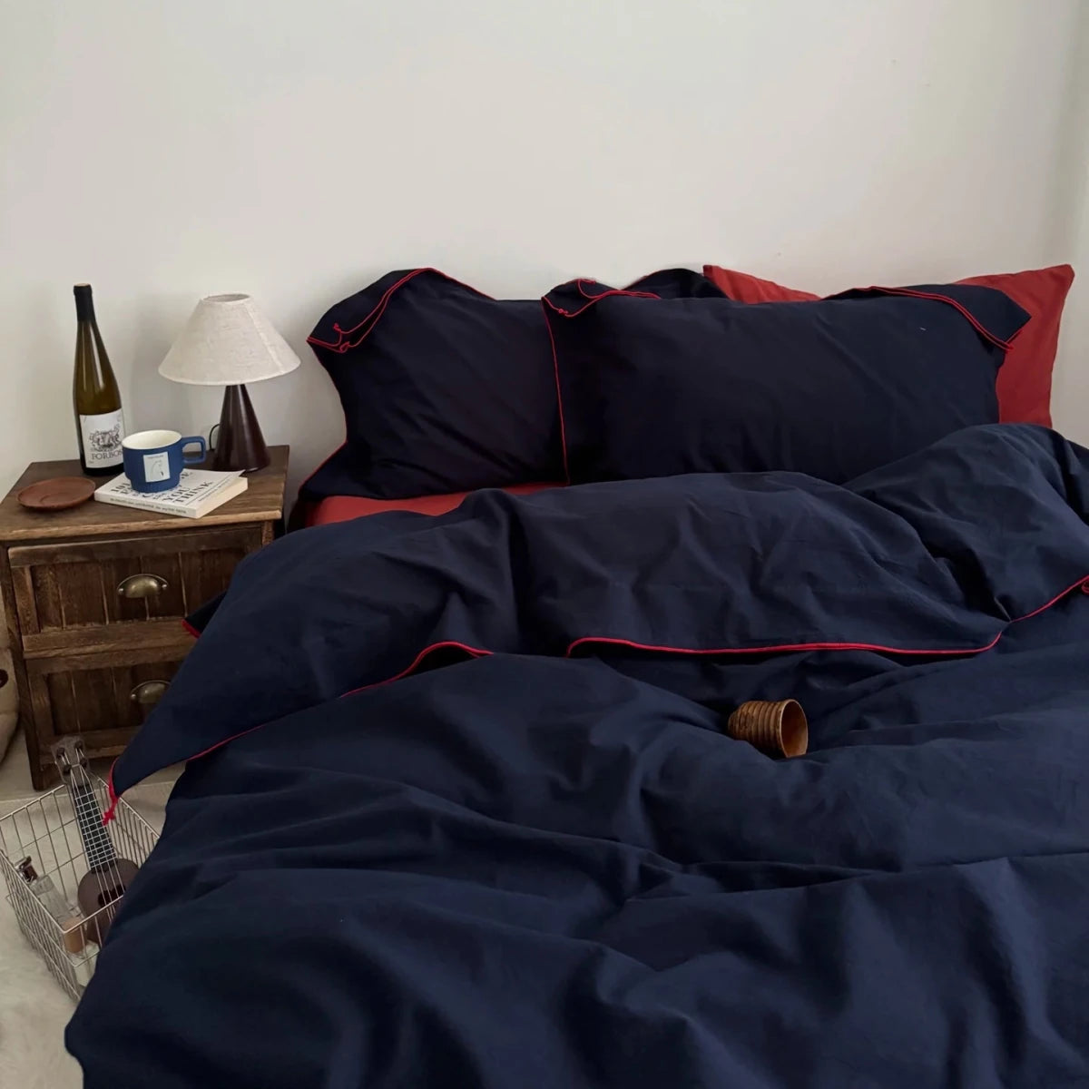 Navy Cotton Duvet Cover Set with Red Piping - WhisperLinens
