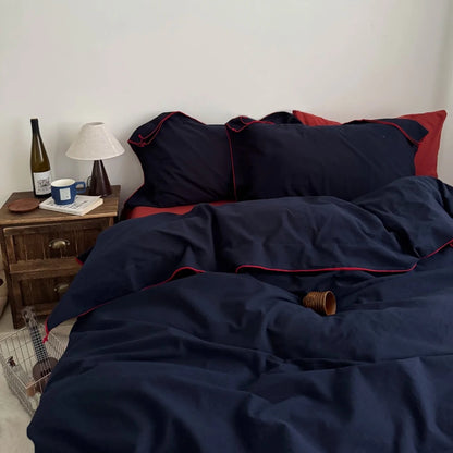 Navy Cotton Duvet Cover Set with Red Piping - WhisperLinens