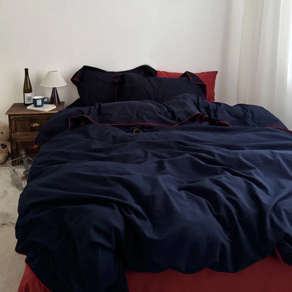 Navy Cotton Duvet Cover Set with Red Piping - WhisperLinens