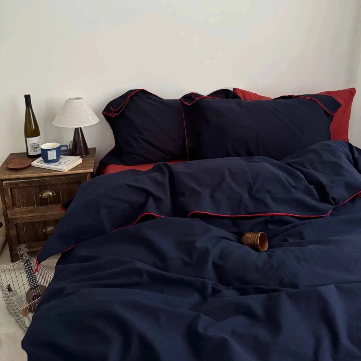Navy Cotton Duvet Cover Set with Red Piping - WhisperLinens