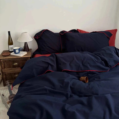 Navy Cotton Duvet Cover Set with Red Piping - WhisperLinens
