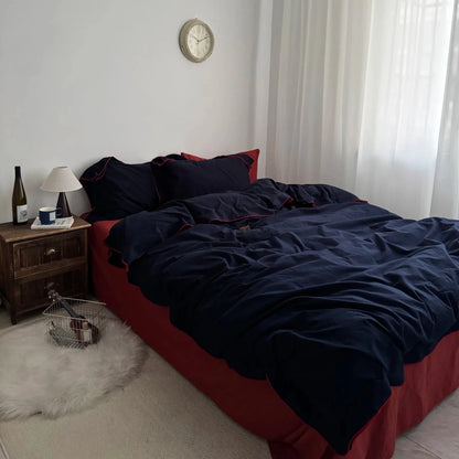 Navy Cotton Duvet Cover Set with Red Piping - WhisperLinens