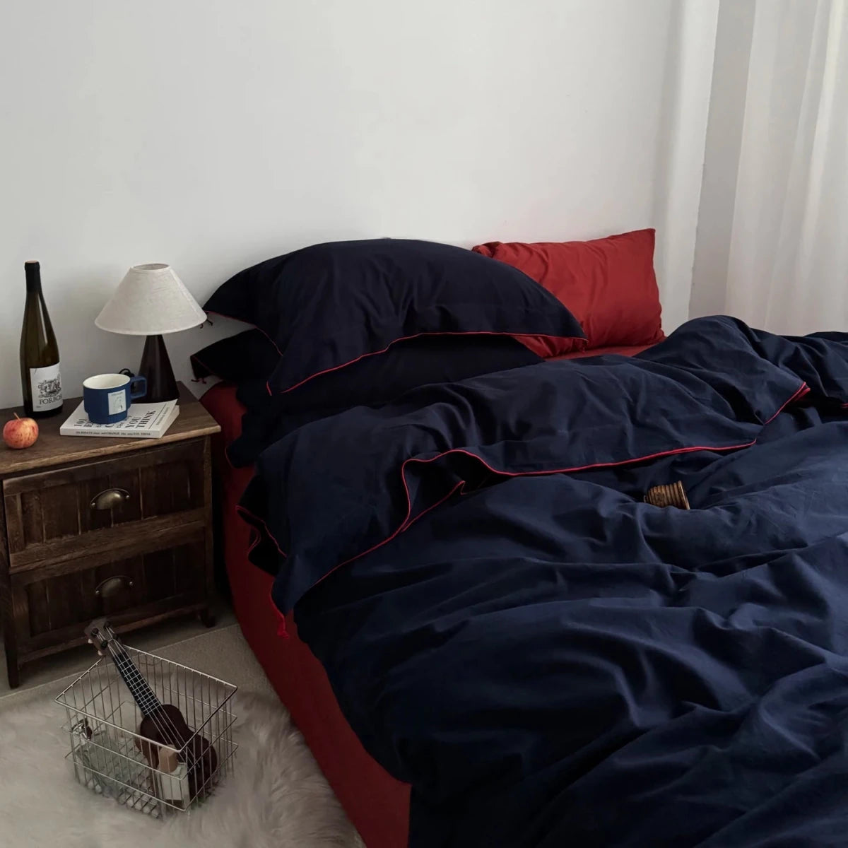Navy Cotton Duvet Cover Set with Red Piping - WhisperLinens