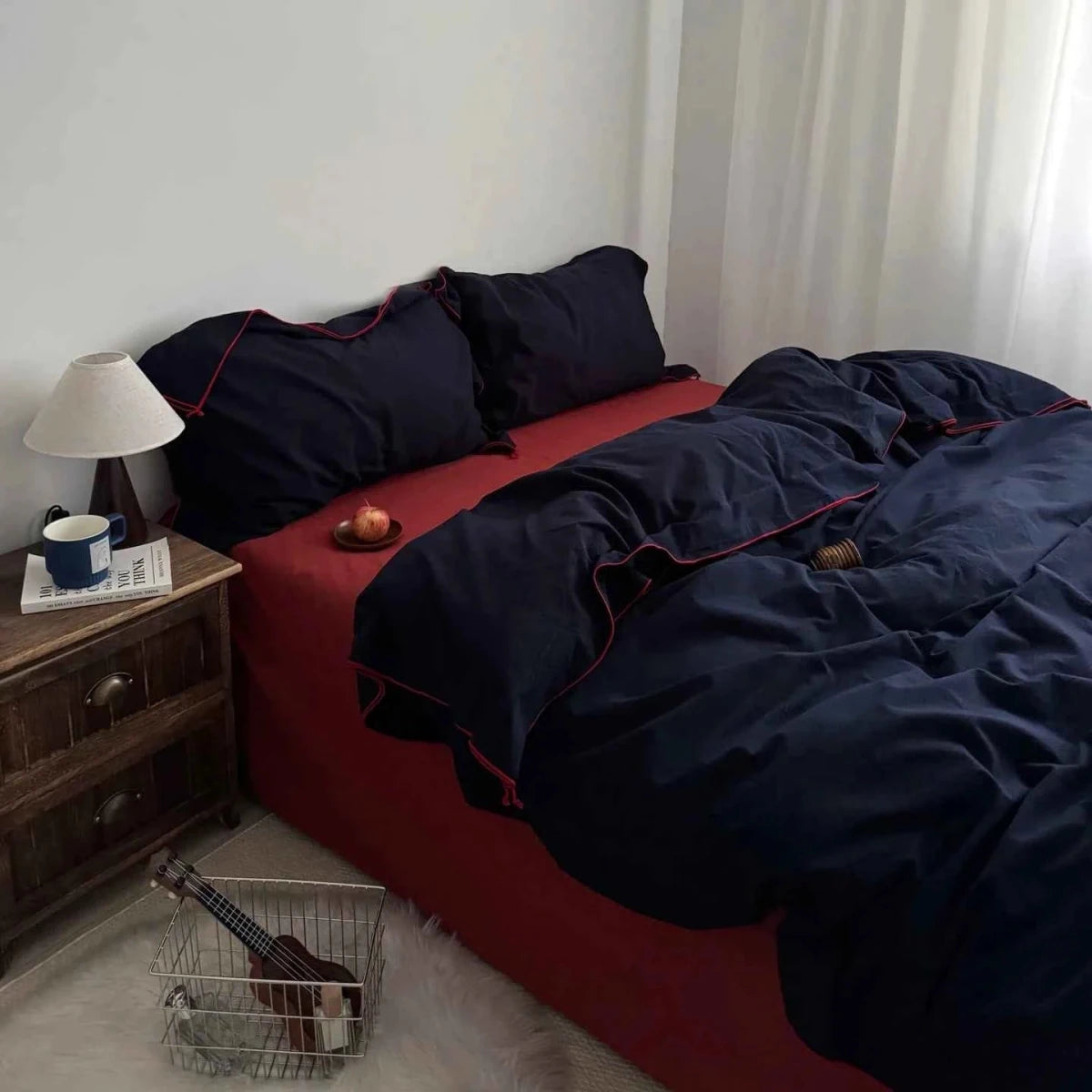 Navy Cotton Duvet Cover Set with Red Piping - WhisperLinens