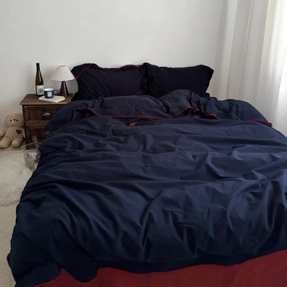 Navy Cotton Duvet Cover Set with Red Piping - WhisperLinens