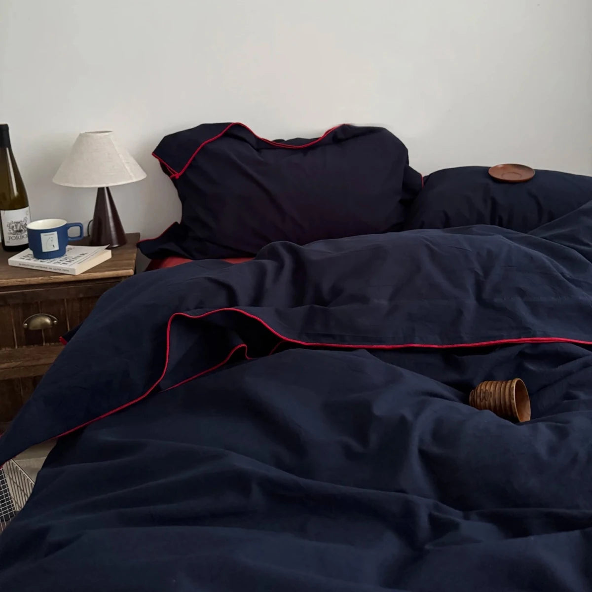 Navy Cotton Duvet Cover Set with Red Piping - WhisperLinens