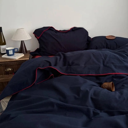 Navy Cotton Duvet Cover Set with Red Piping - WhisperLinens