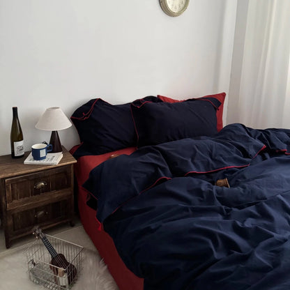 Navy Cotton Duvet Cover Set with Red Piping - WhisperLinens