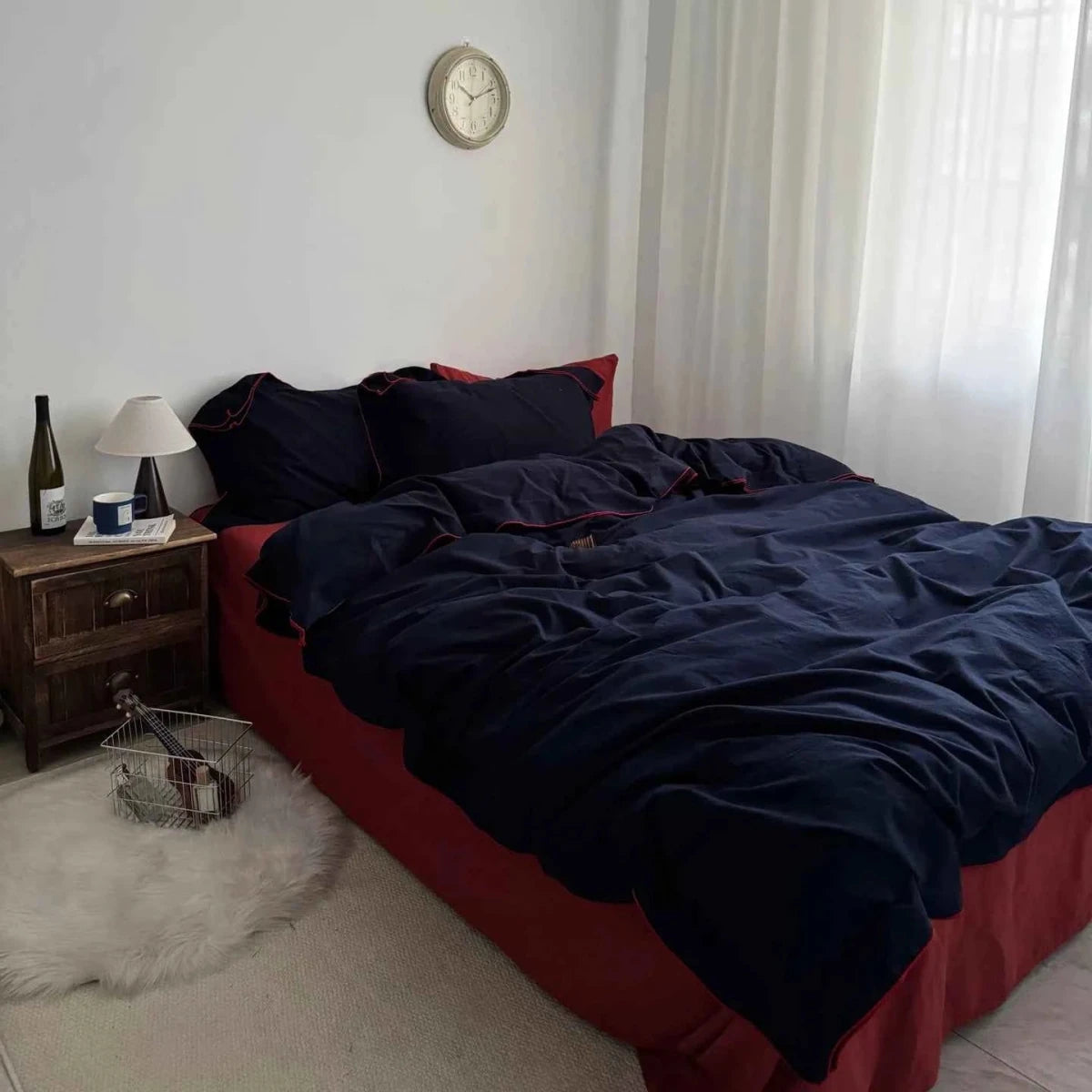 Navy Cotton Duvet Cover Set with Red Piping - WhisperLinens