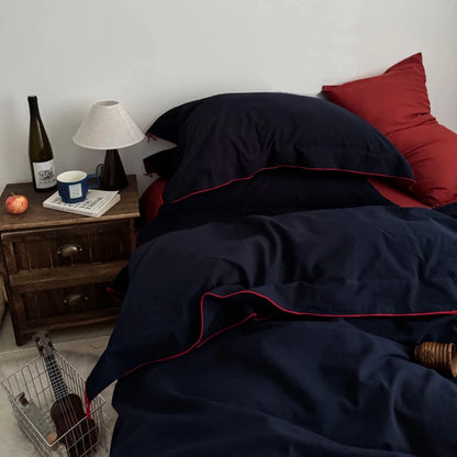 Navy Cotton Duvet Cover Set with Red Piping - WhisperLinens