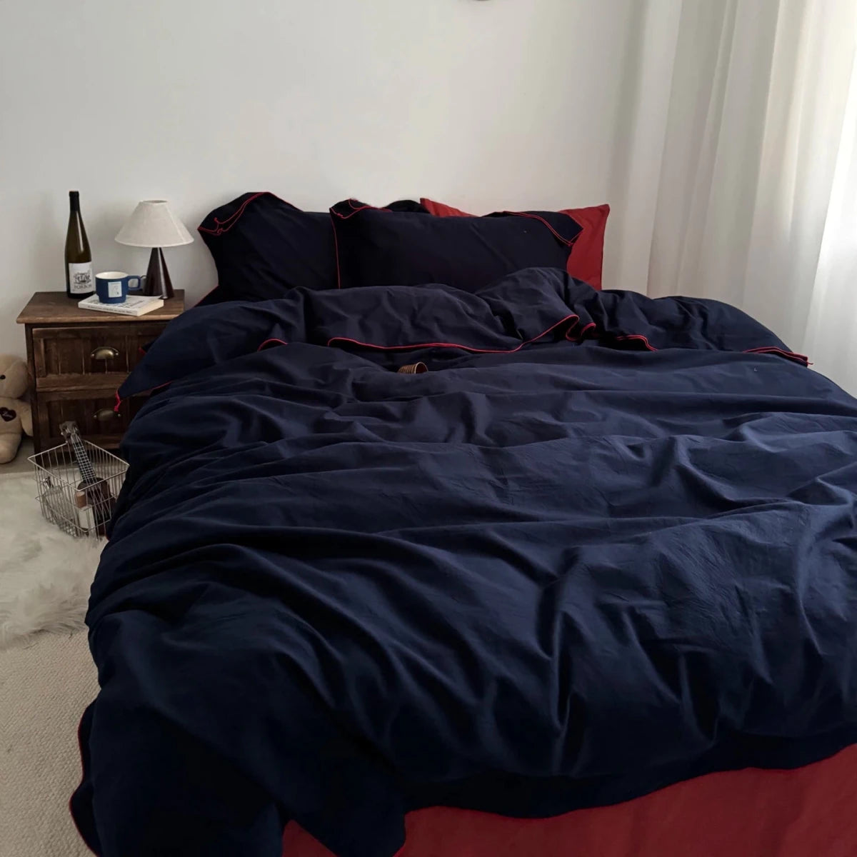 Navy Cotton Duvet Cover Set with Red Piping - WhisperLinens