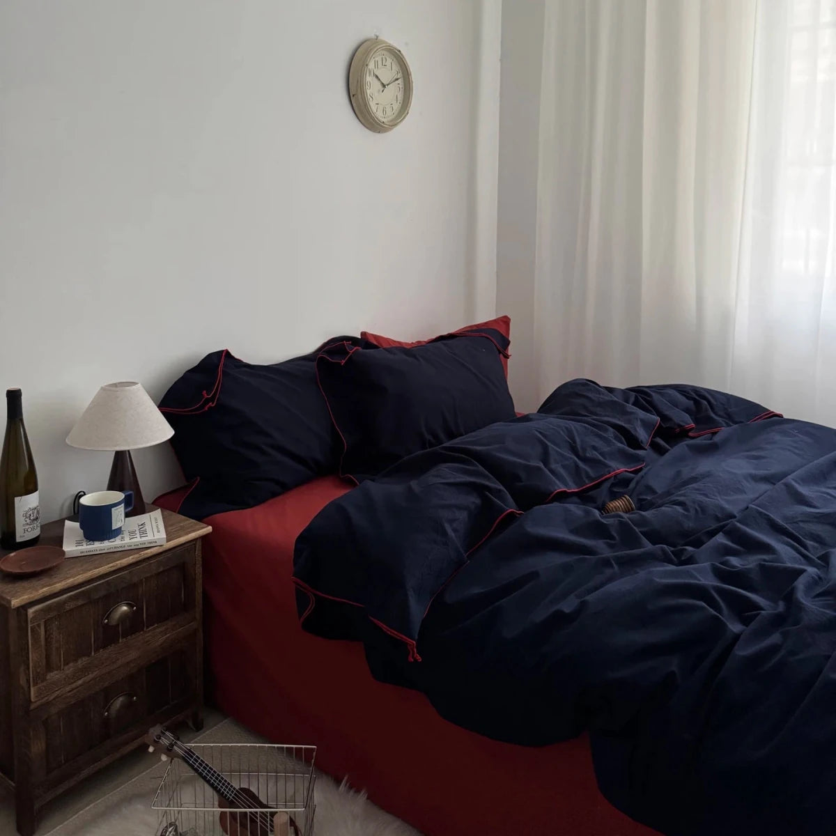 Navy Cotton Duvet Cover Set with Red Piping - WhisperLinens