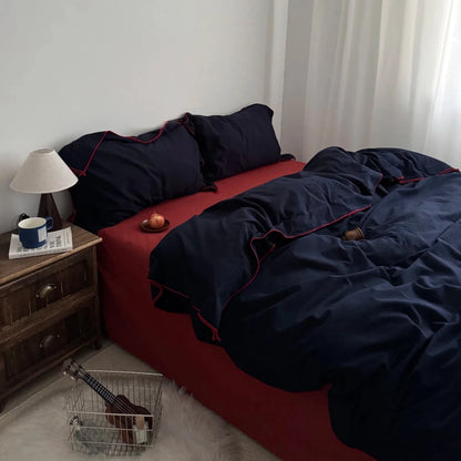 Navy Cotton Duvet Cover Set with Red Piping - WhisperLinens