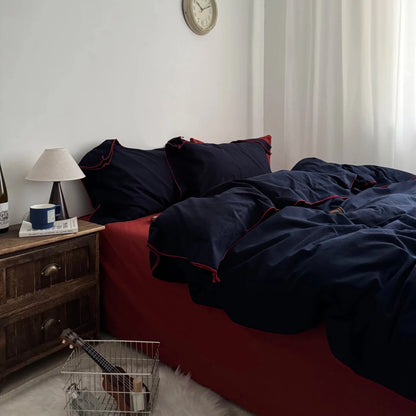 Navy Cotton Duvet Cover Set with Red Piping - WhisperLinens