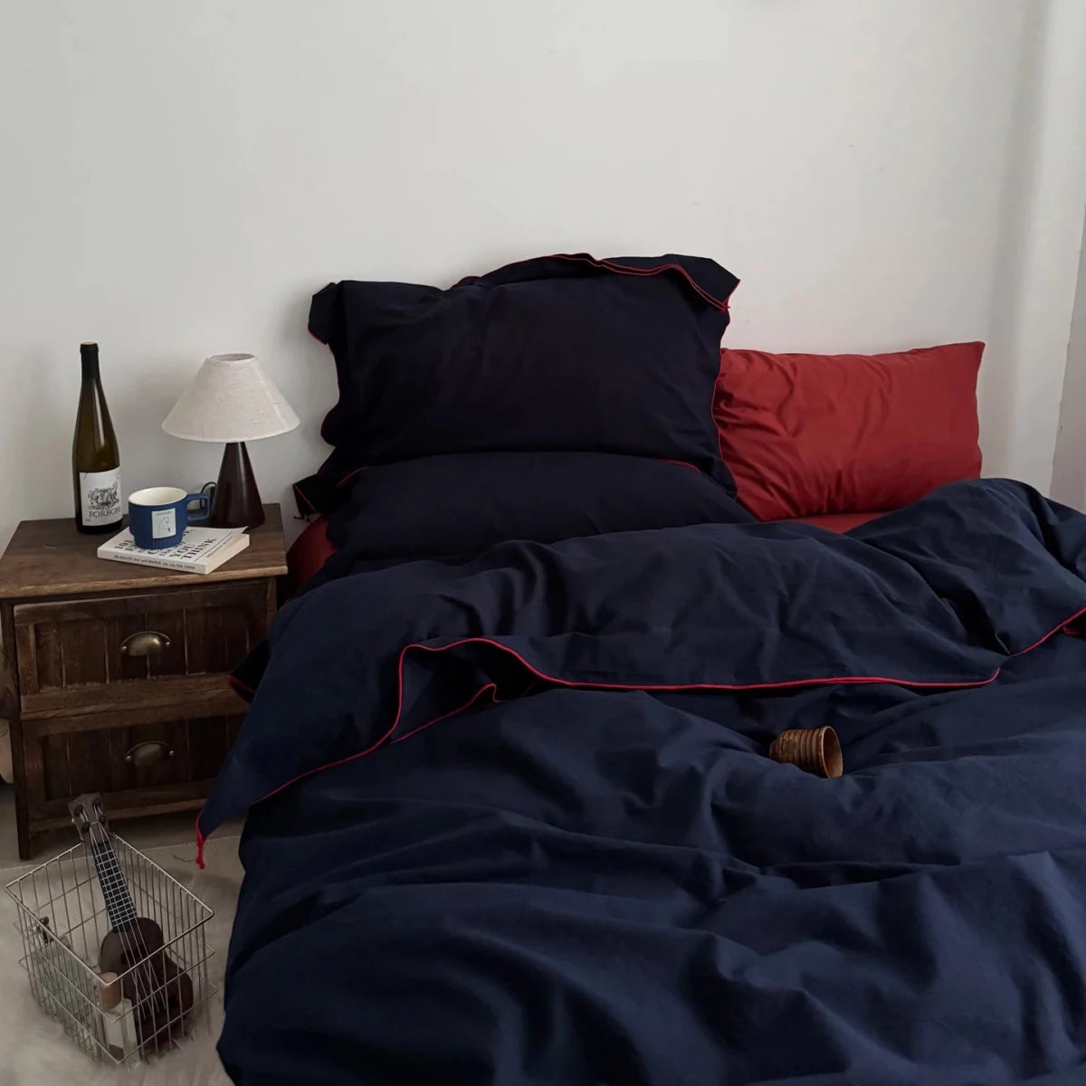 Navy Cotton Duvet Cover Set with Red Piping - WhisperLinens
