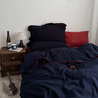 Navy Cotton Duvet Cover Set with Red Piping - WhisperLinens