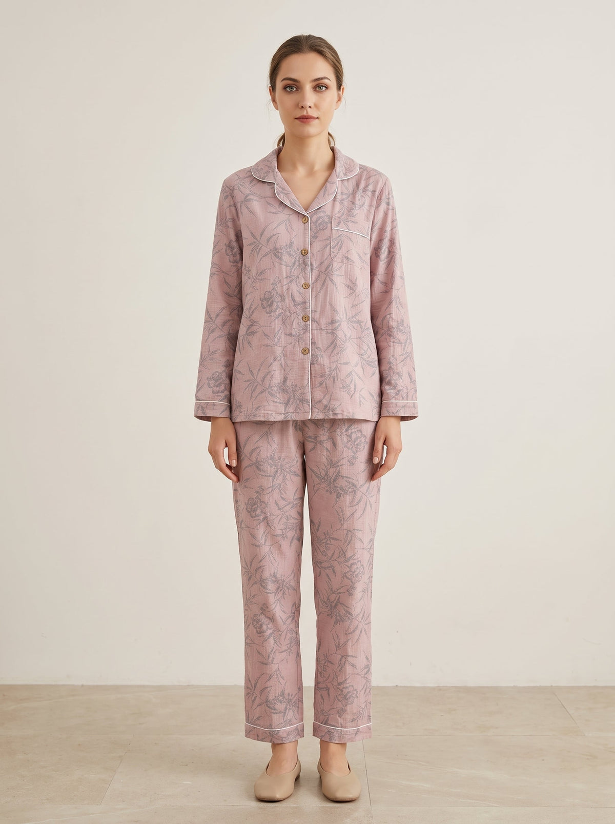 Odette Botanical Long-Sleeve Cotton Pajama Set - WhisperLinens