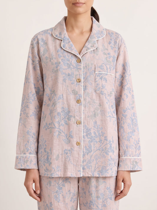 Odette Botanical Long-Sleeve Cotton Pajama Set - WhisperLinens