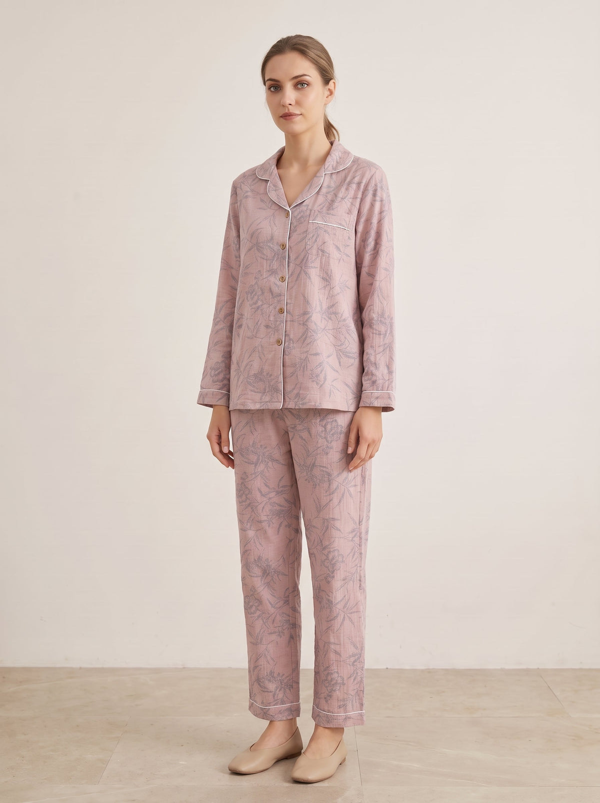 Odette Botanical Long-Sleeve Cotton Pajama Set - WhisperLinens