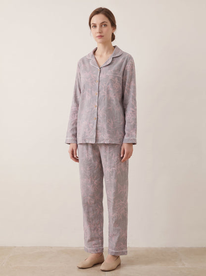 Odette Botanical Long-Sleeve Cotton Pajama Set - WhisperLinens