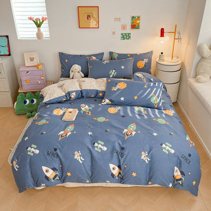 Orbit Space Print Reversible Cotton Bedding Set - Navy Blue - WhisperLinens