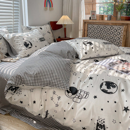 Orbit Space Print Reversible Cotton Bedding Set - Black & White - WhisperLinens