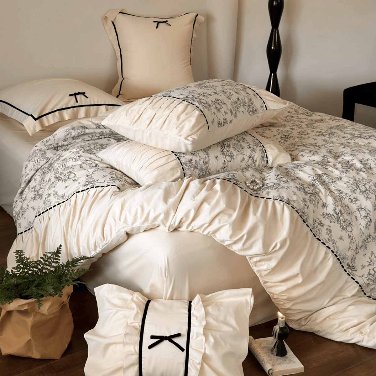 Parisian Elegance Bow-Tie Bedding Set / Cream White - WhisperLinens