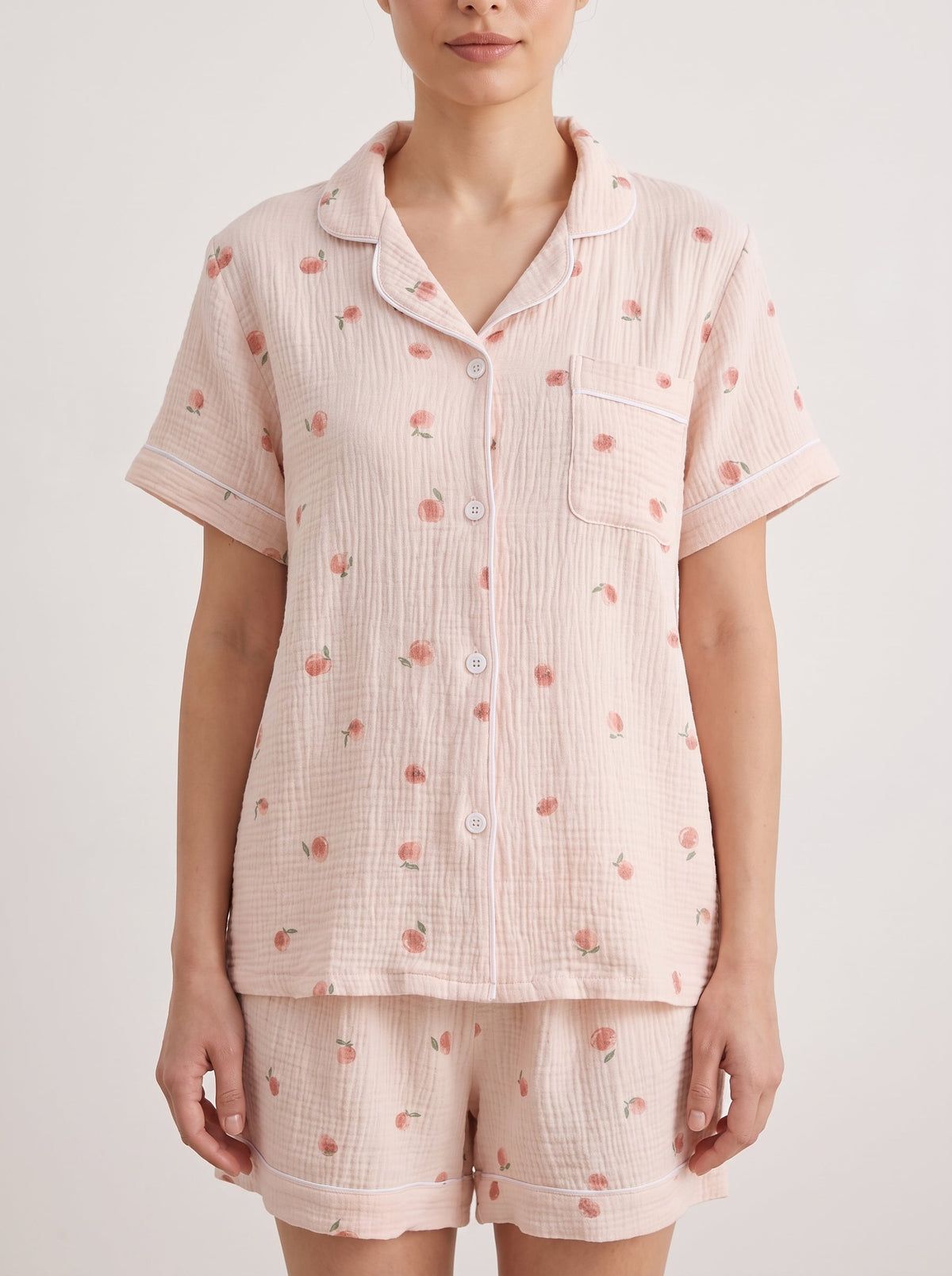 Peachy Breeze Peach Print Cotton Gauze Shorts Pajama Set - WhisperLinens