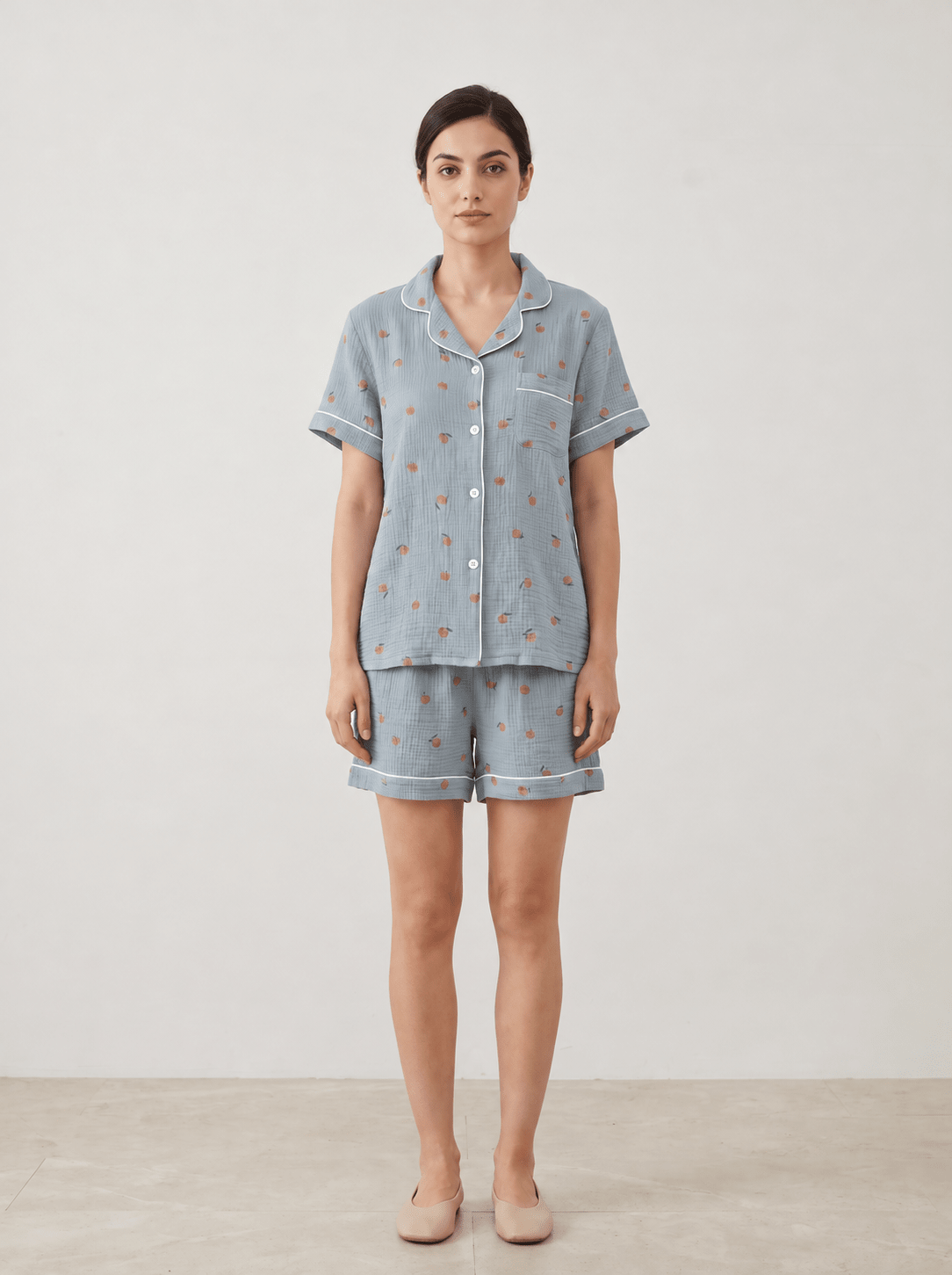 Peachy Breeze Peach Print Cotton Gauze Shorts Pajama Set - WhisperLinens