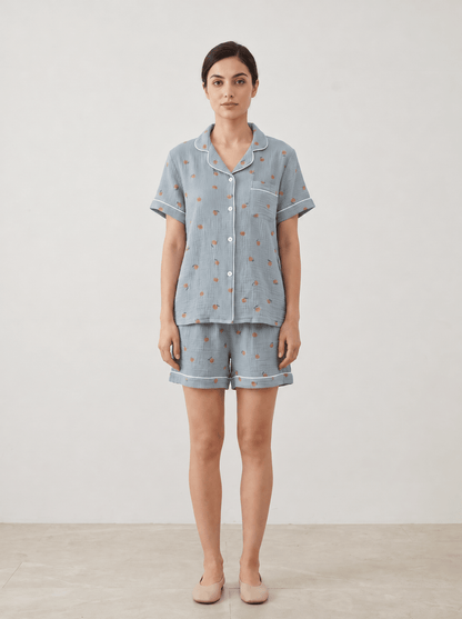 Peachy Breeze Peach Print Cotton Gauze Shorts Pajama Set - WhisperLinens