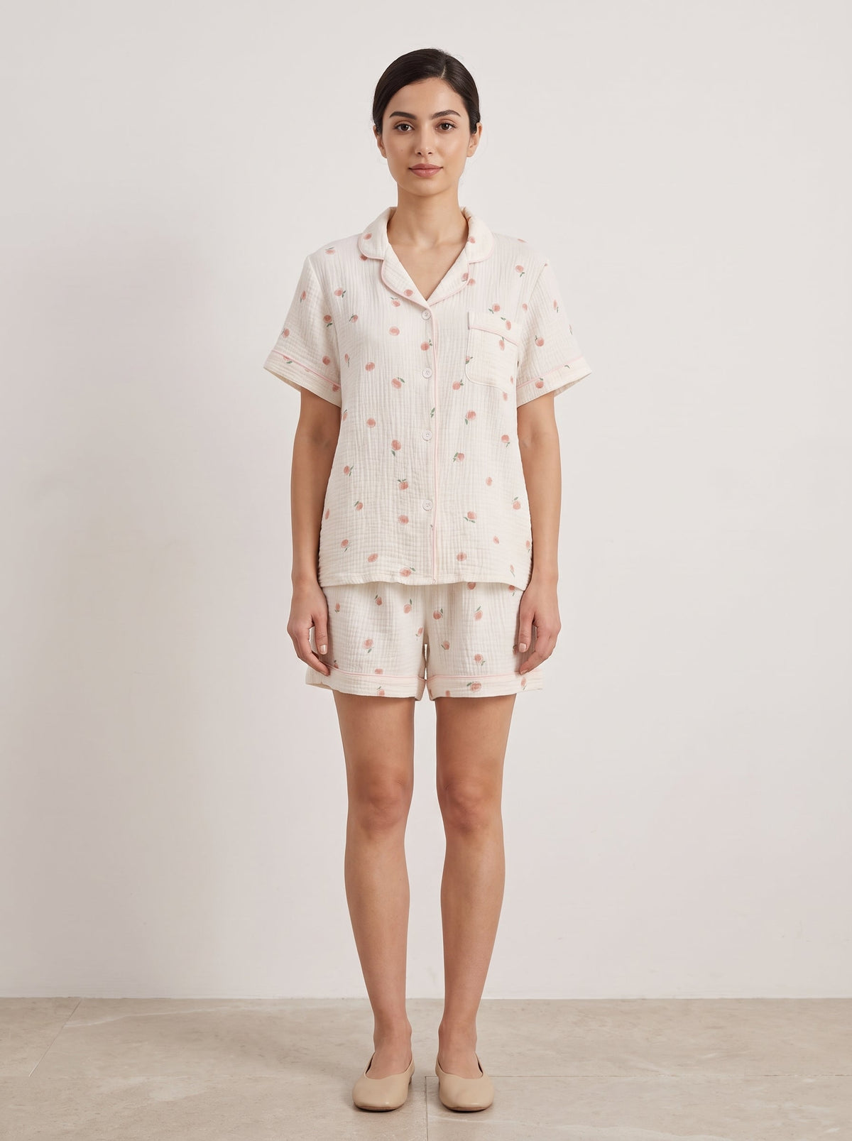 Peachy Breeze Peach Print Cotton Gauze Shorts Pajama Set - WhisperLinens