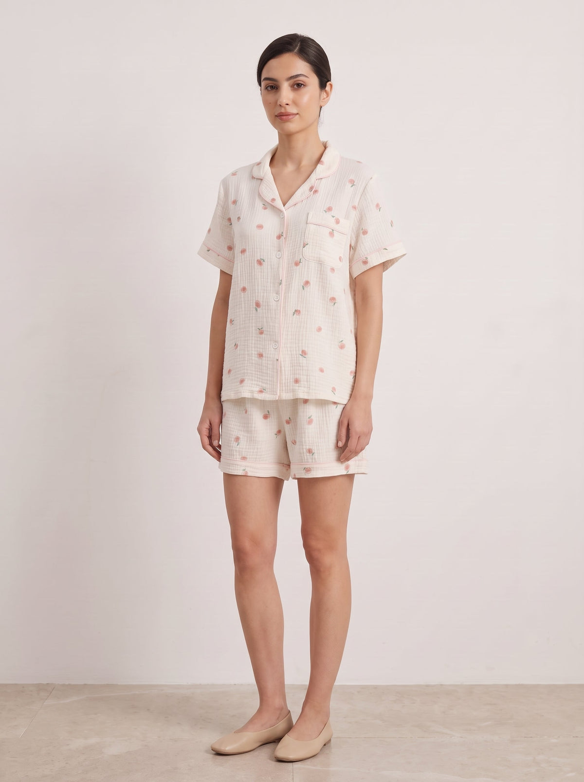 Peachy Breeze Peach Print Cotton Gauze Shorts Pajama Set - WhisperLinens