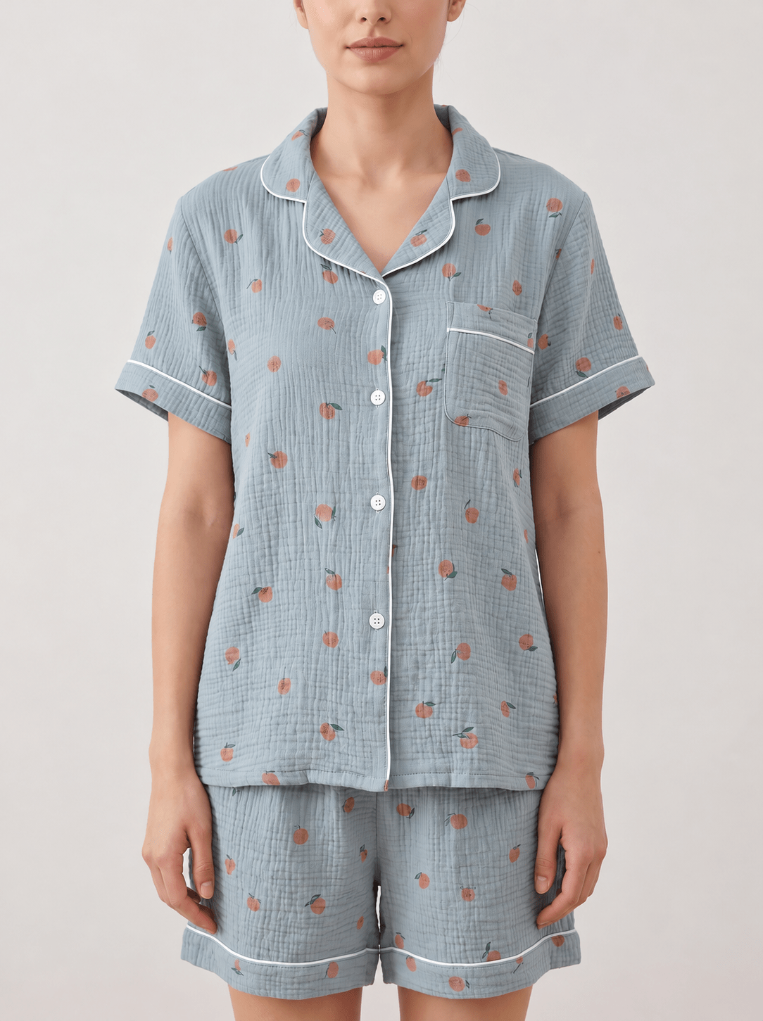 Peachy Breeze Peach Print Cotton Gauze Shorts Pajama Set - WhisperLinens