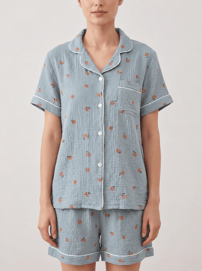Peachy Breeze Peach Print Cotton Gauze Shorts Pajama Set - WhisperLinens