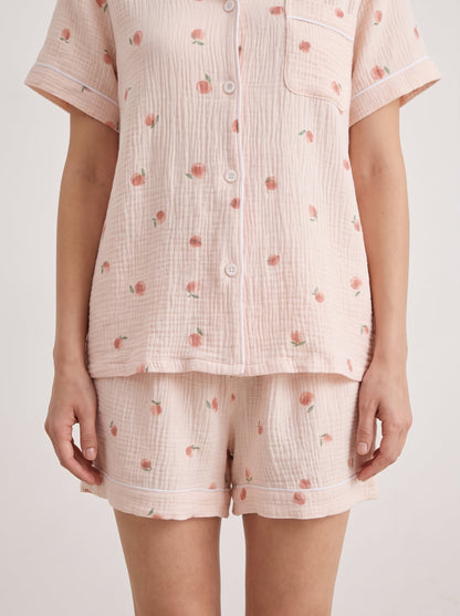 Peachy Breeze Peach Print Cotton Gauze Shorts Pajama Set - WhisperLinens