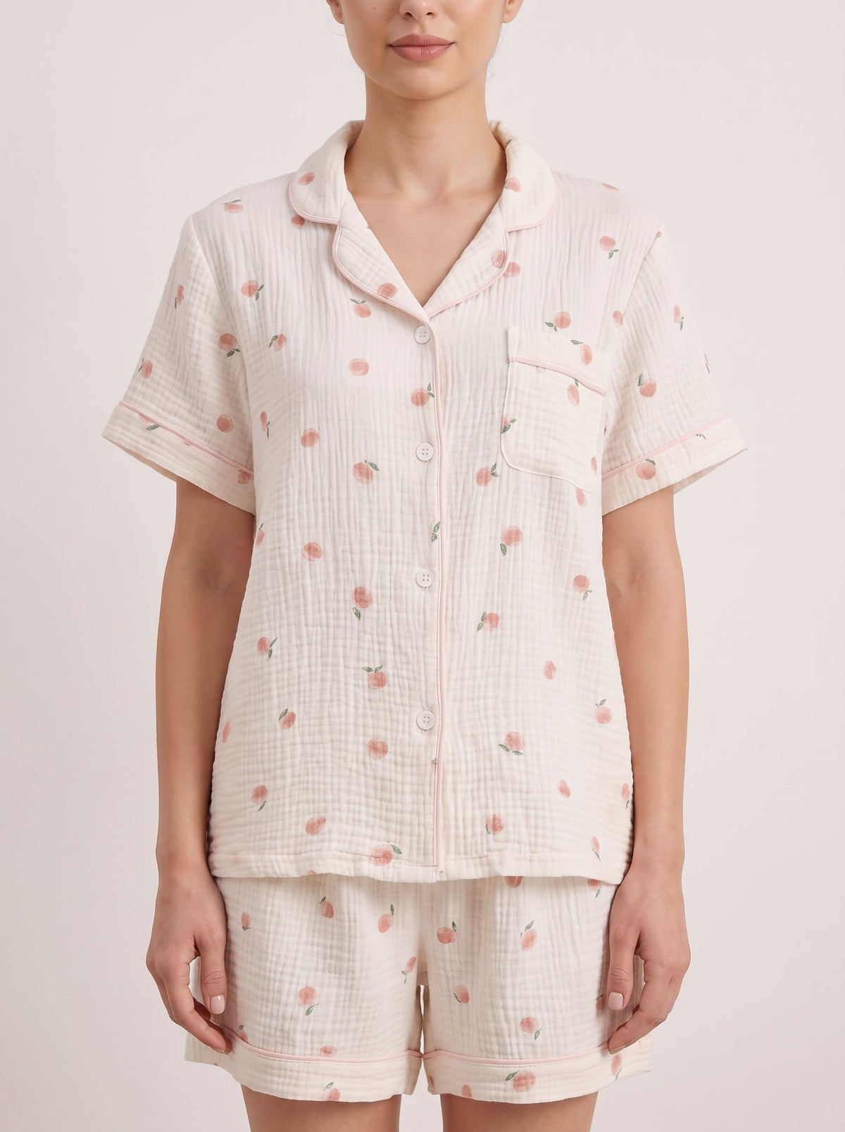 Peachy Breeze Peach Print Cotton Gauze Shorts Pajama Set - WhisperLinens