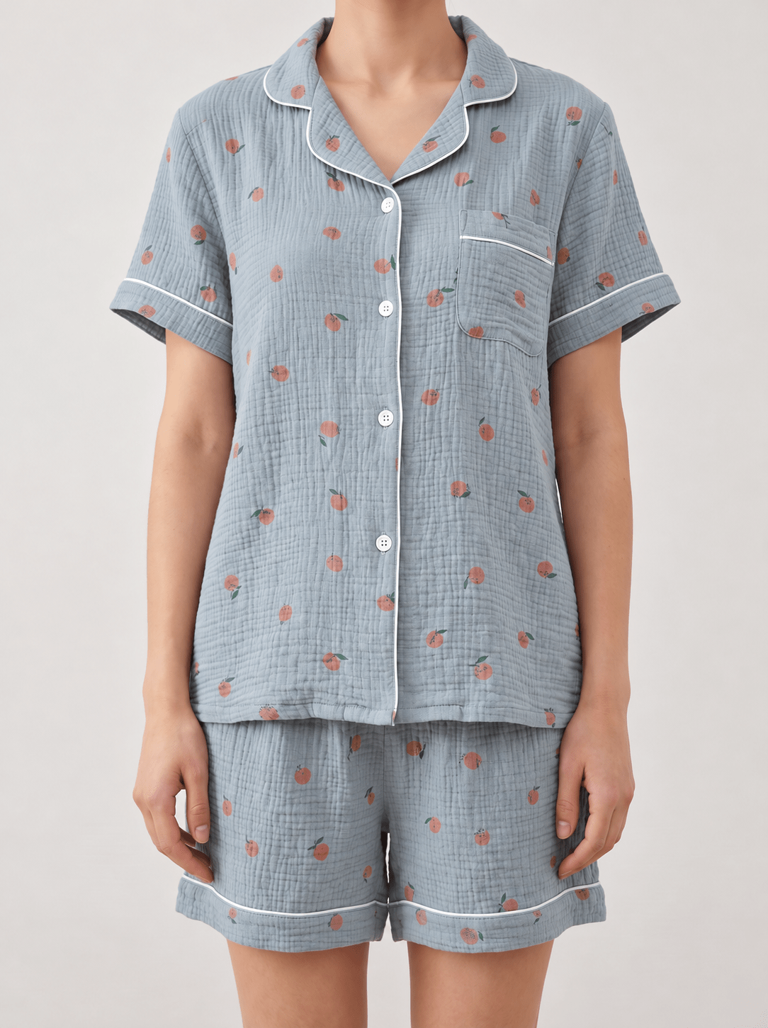 Peachy Breeze Peach Print Cotton Gauze Shorts Pajama Set - WhisperLinens